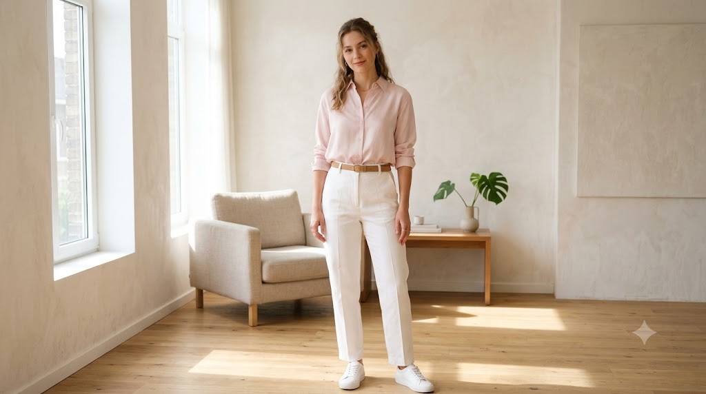 Pale Pink Silk Shirt & White Trousers
